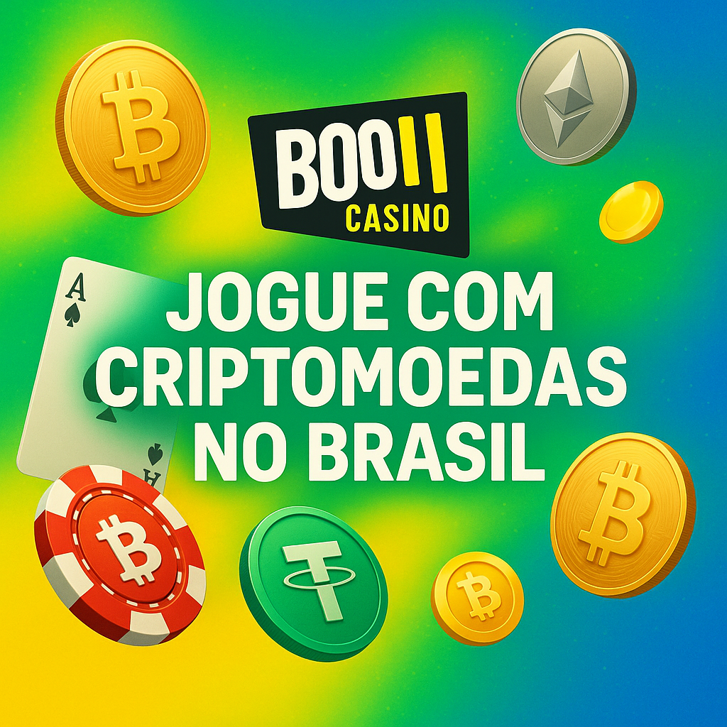 Booi Casino Brasil com criptomoedas como Bitcoin e Ethereum ao lado de fichas de cassino e cartas