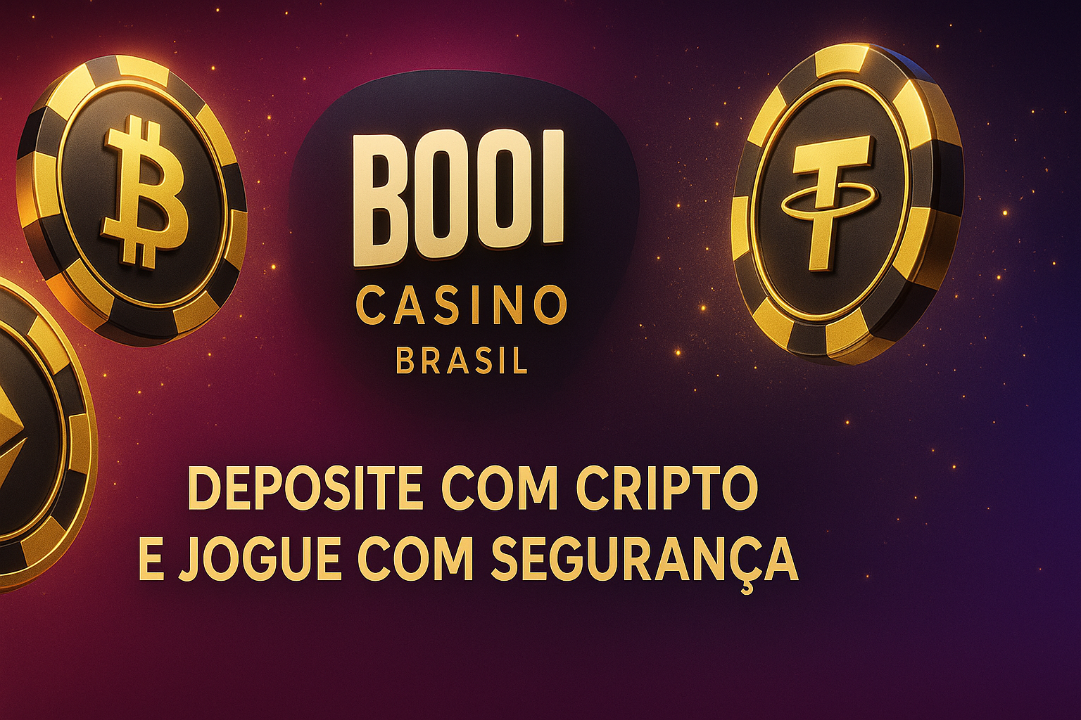 Booi Casino Brasil mostrando Bitcoin, Ethereum e Tether integrados a fichas de cassino brilhantes